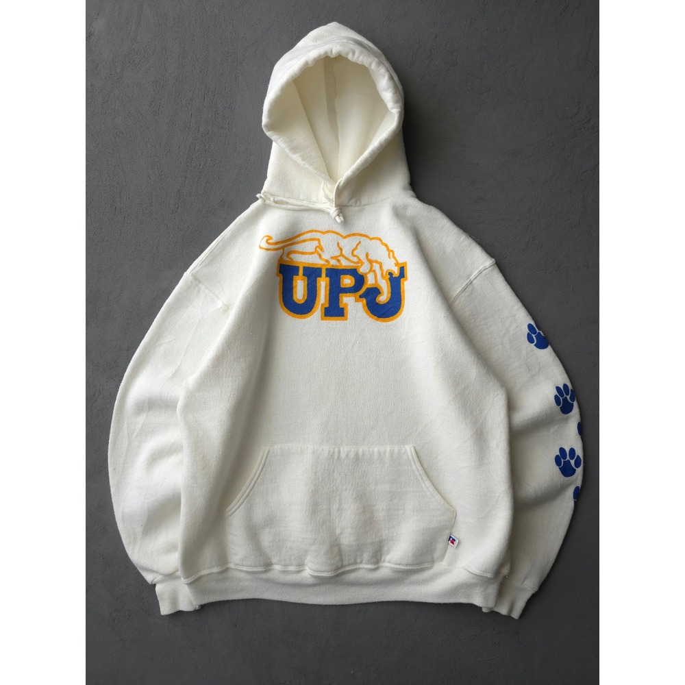 Vintage 80s Russell Athletic White Hoodie XL UPJ Pitt Johnstown Paw Prints
